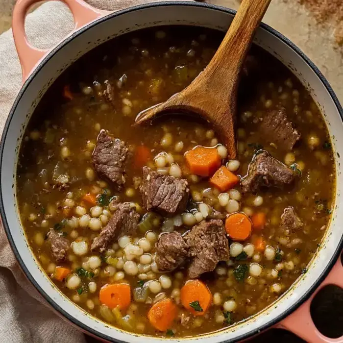 A pot of hearty beef stew with diced carrots and pearl couscous, stirred with a wooden spoon.