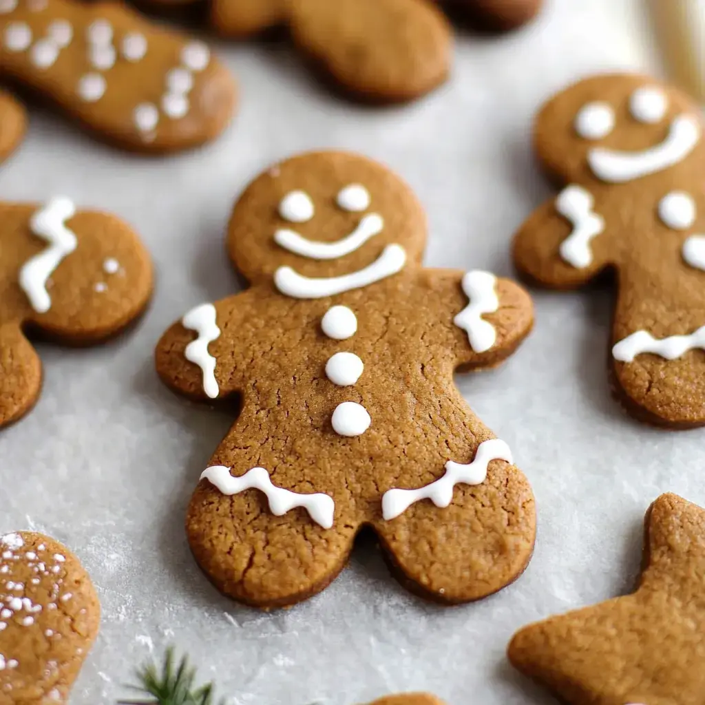 A close-up of decorated gingerbread cookies shaped like gingerbread men, featuring white icing details on a light background.