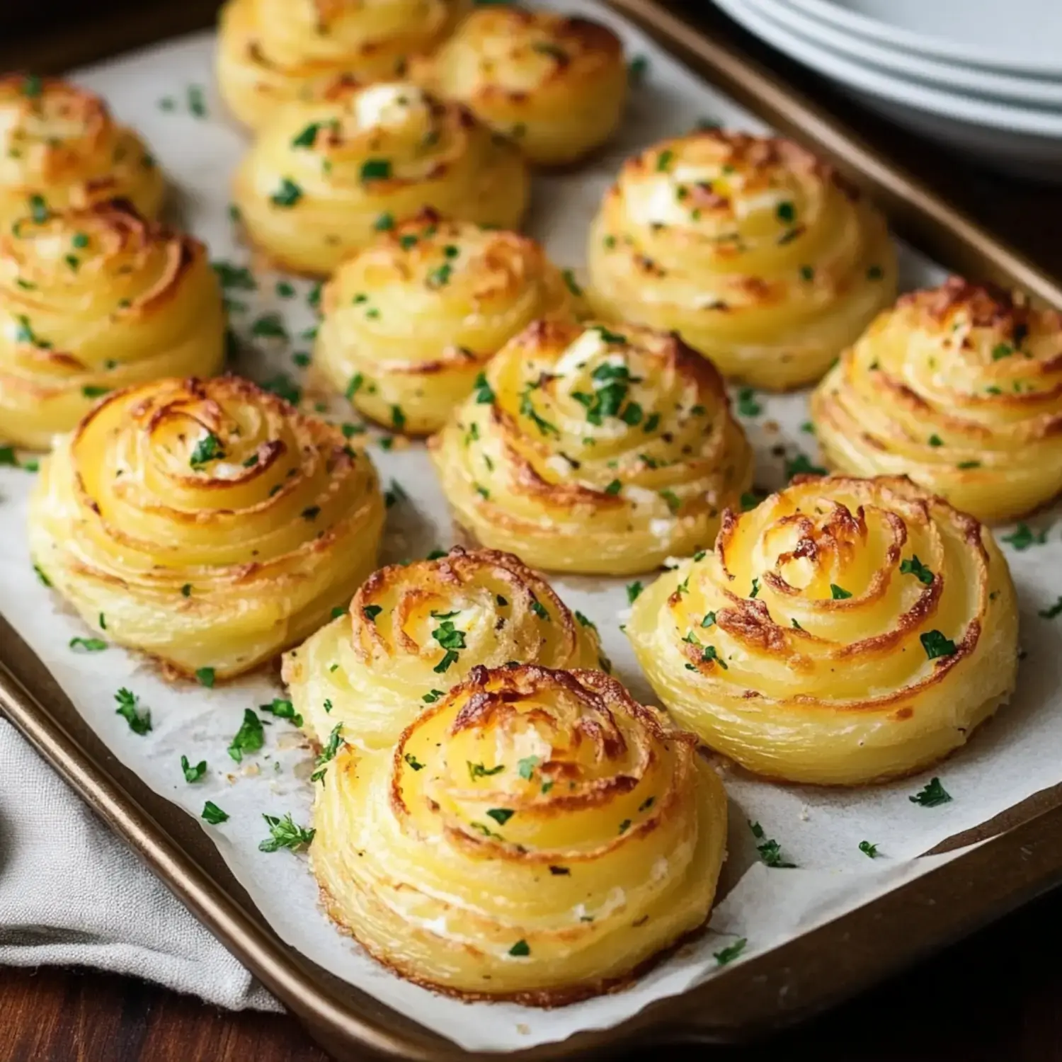 A tray of beautifully baked potato roses garnished with parsley, showcasing their golden, spiraled layers.