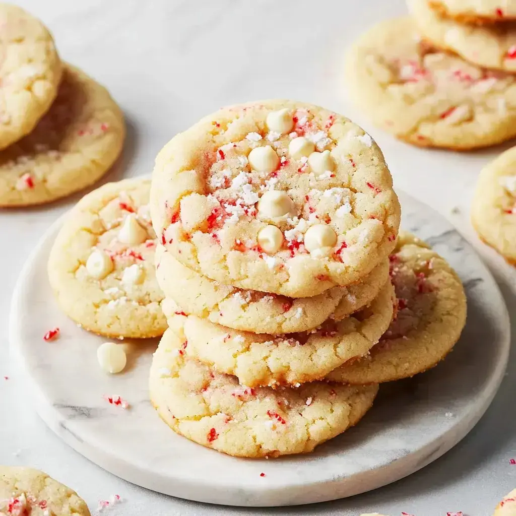 A stack of frosted peppermint cookies with white chocolate chips on a marble plate, surrounded by additional cookies.