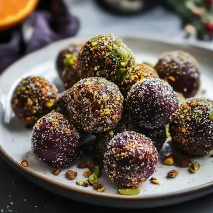 A close-up of colorful sweet energy balls coated with nuts and sugar, arranged on a white plate.