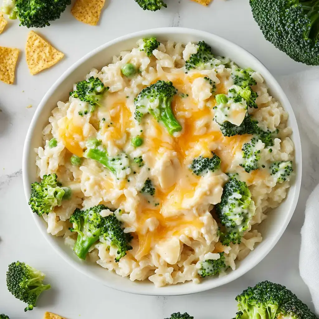 A bowl of creamy rice mixed with broccoli, peas, and melted cheese, surrounded by scattered tortilla chips and fresh broccoli florets.