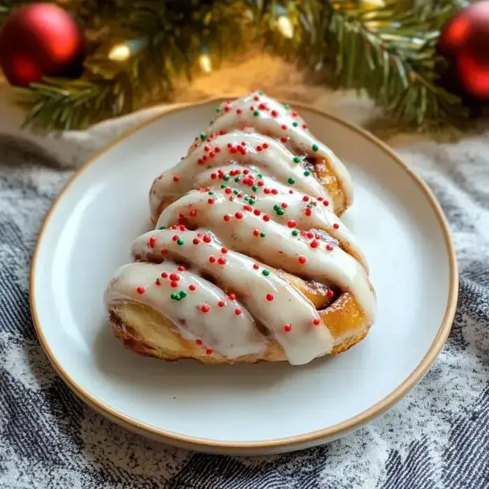 A festive cinnamon roll shaped like a Christmas tree, topped with white icing and colorful sprinkles, sits on a plate surrounded by holiday decorations.