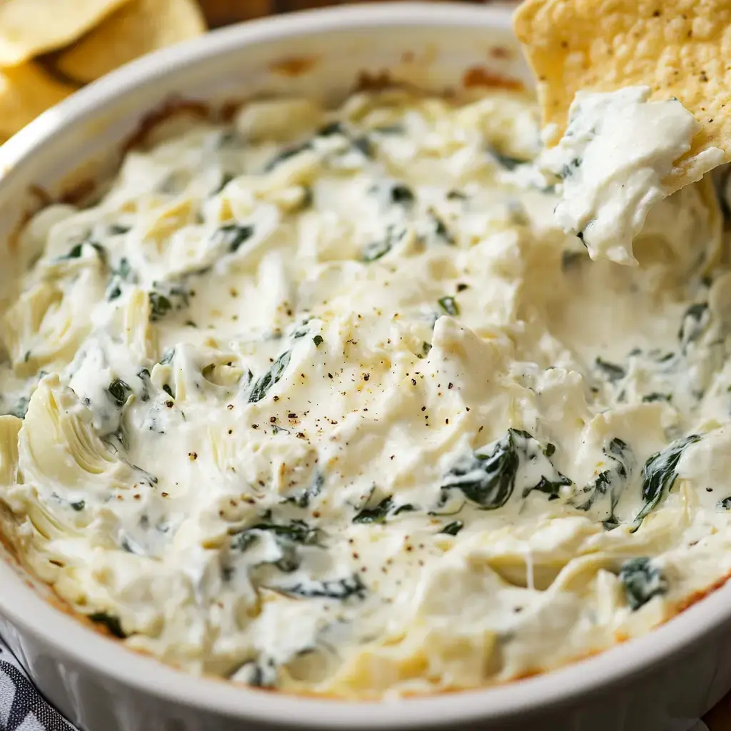 A creamy spinach and artichoke dip is served in a white dish with a chip partially dipped in it.