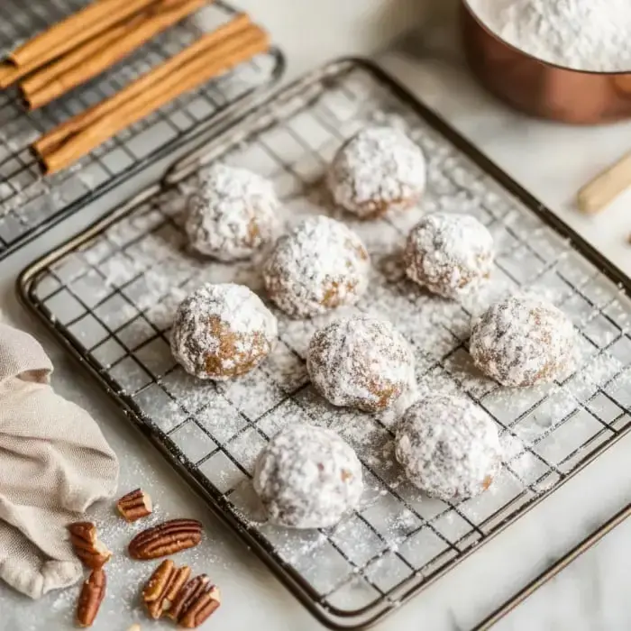 A wire rack displays several powdered sugar-covered cookies alongside cinnamon sticks and pecans.