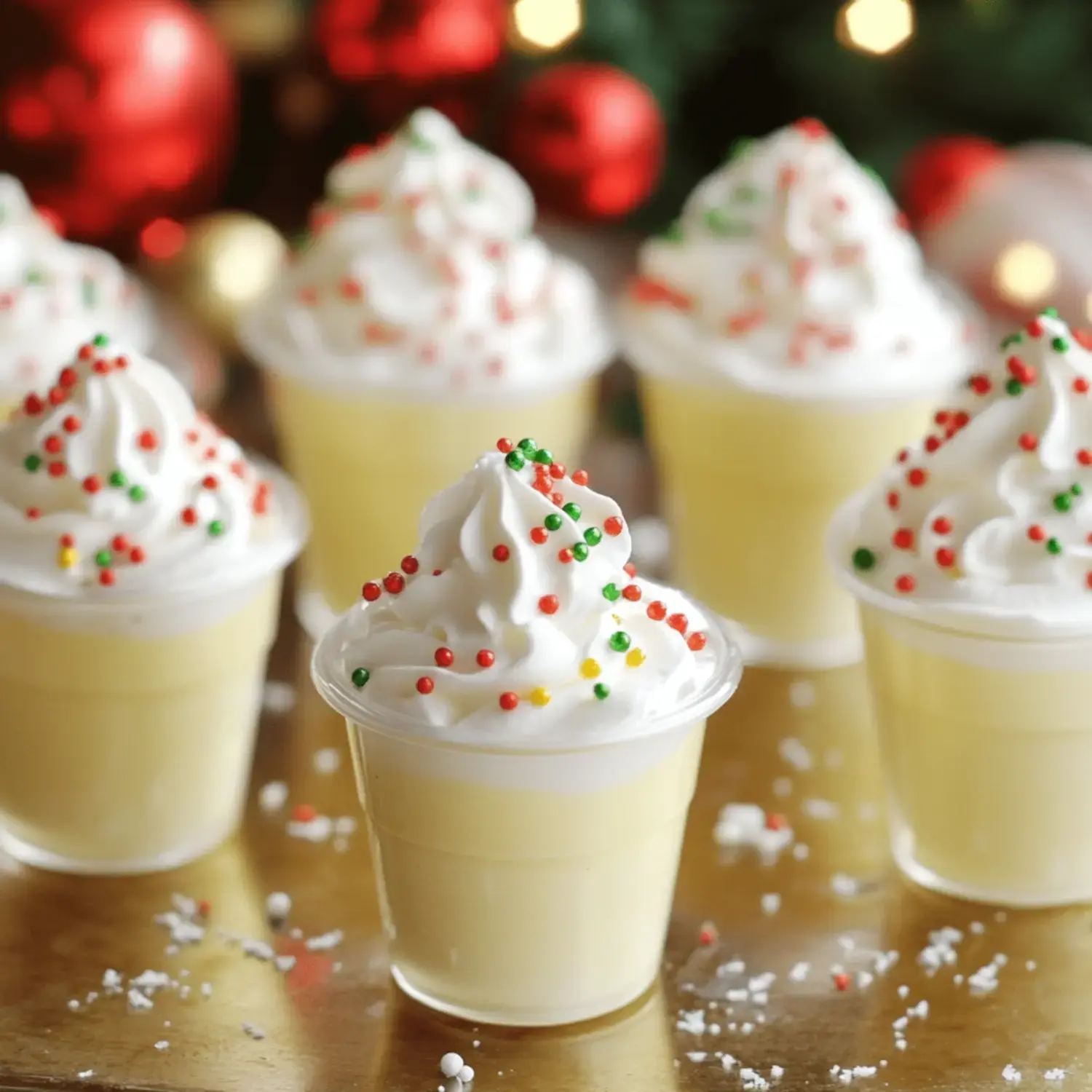 A group of small cups filled with a creamy dessert topped with whipped cream and festive red and green sprinkles, set against a holiday backdrop.