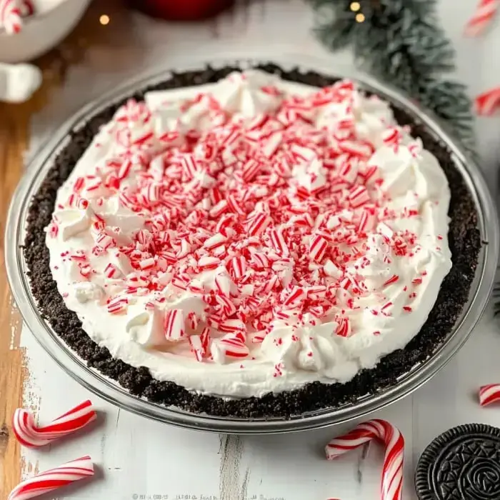 A festive peppermint pie topped with whipped cream and crushed candy canes, served in an Oreo crust.