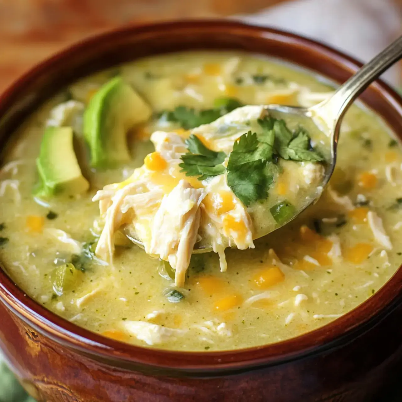 A spoonful of creamy chicken soup garnished with cilantro and avocado slices is lifted from a bowl.