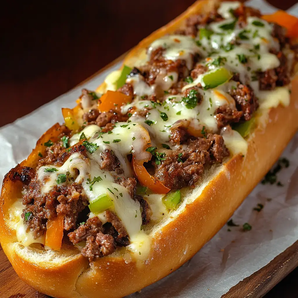 A loaded sandwich featuring ground beef, melted cheese, and colorful bell peppers on a toasted bun, garnished with parsley.