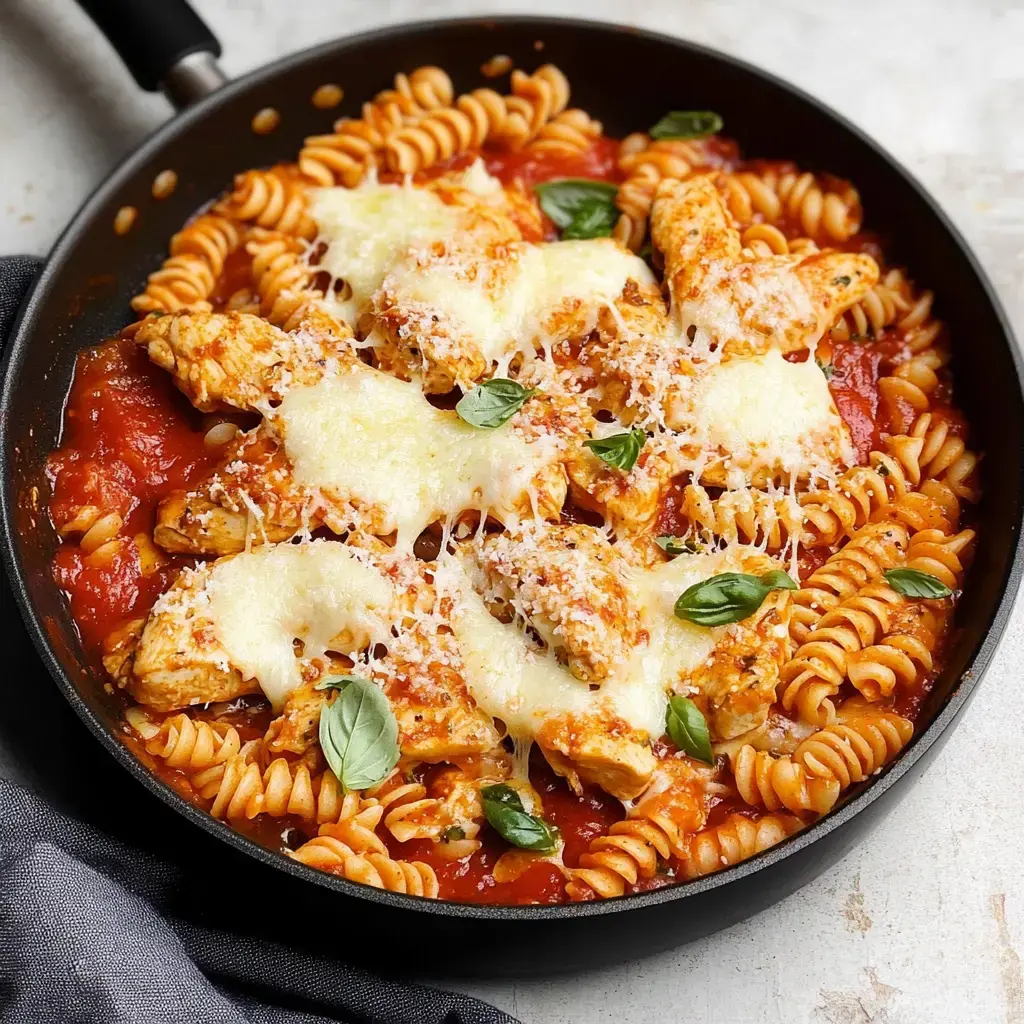 A skillet filled with spiral pasta topped with tomato sauce, melted cheese, chicken pieces, and fresh basil leaves.