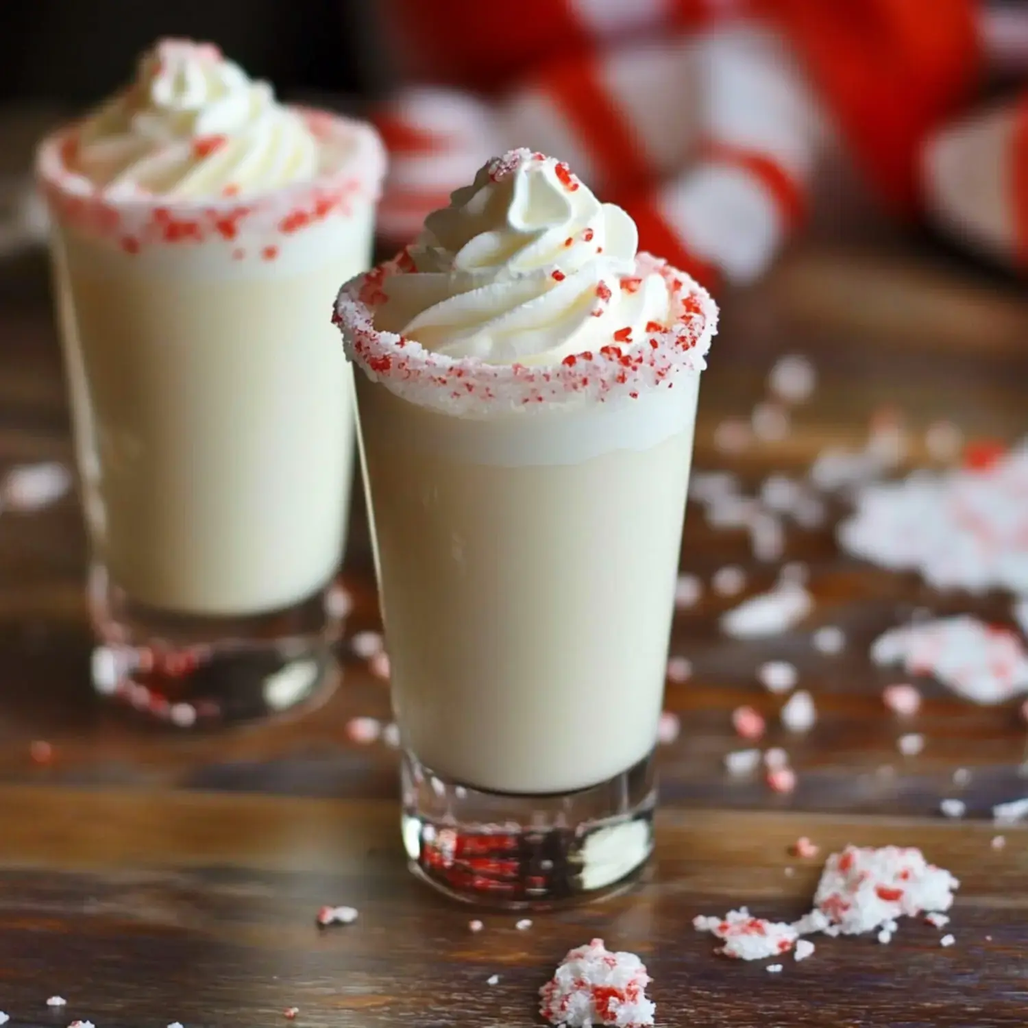 Two glasses of creamy white dessert topped with whipped cream and peppermint sprinkles, set on a wooden table scattered with more sprinkles.