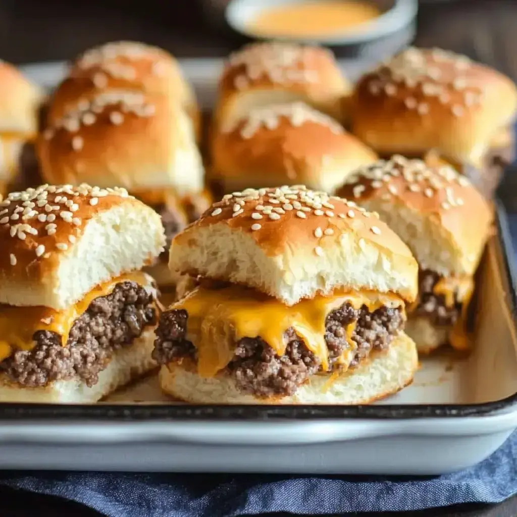 A platter of mini cheeseburgers featuring melted cheddar cheese and sesame seed buns.