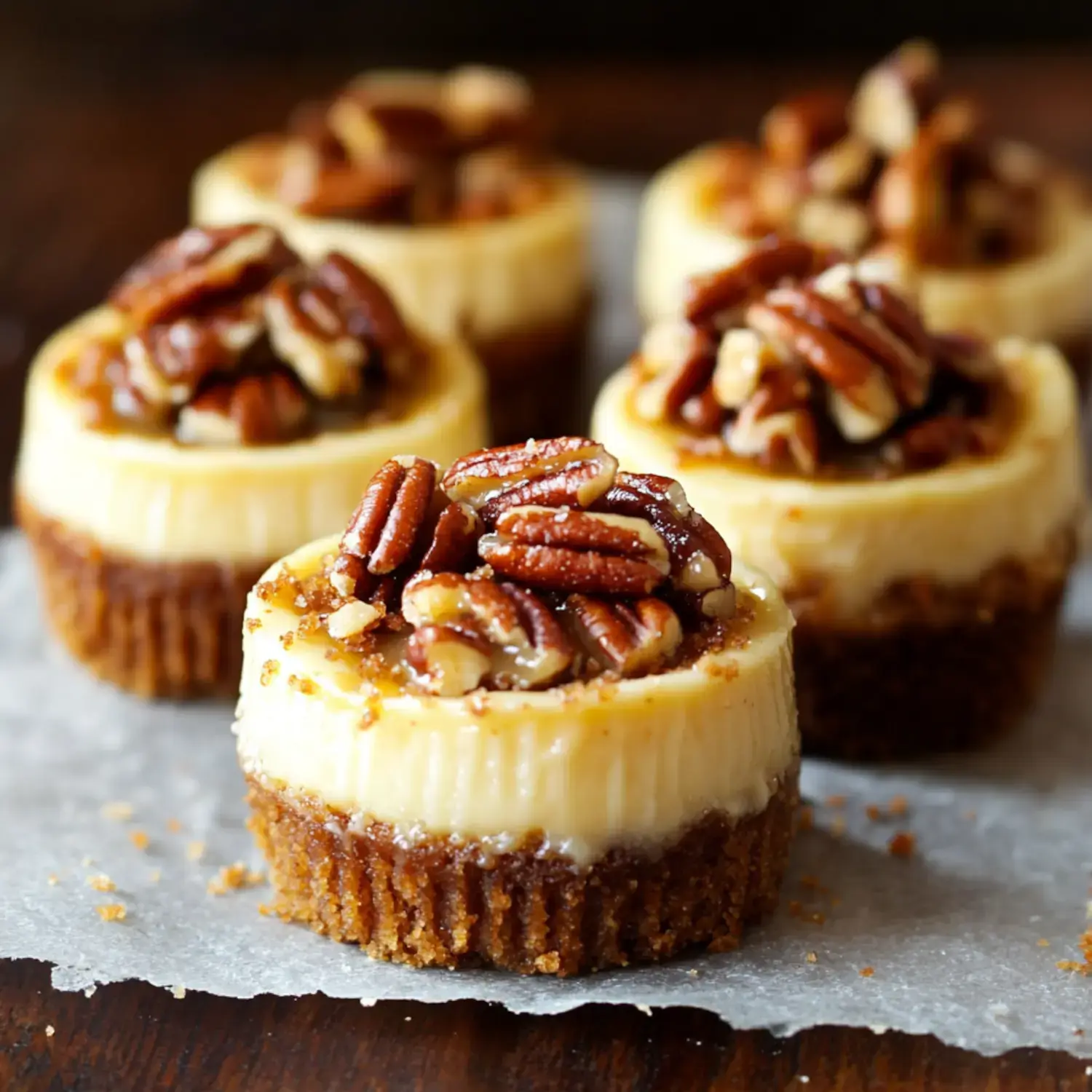 A close-up of creamy mini cheesecakes topped with caramel and chopped pecans on a wooden surface.