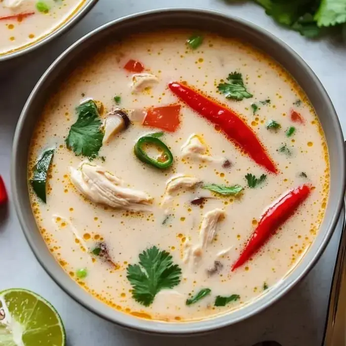 A bowl of creamy soup featuring shredded chicken, colorful vegetables, and garnished with fresh herbs and red chili peppers.