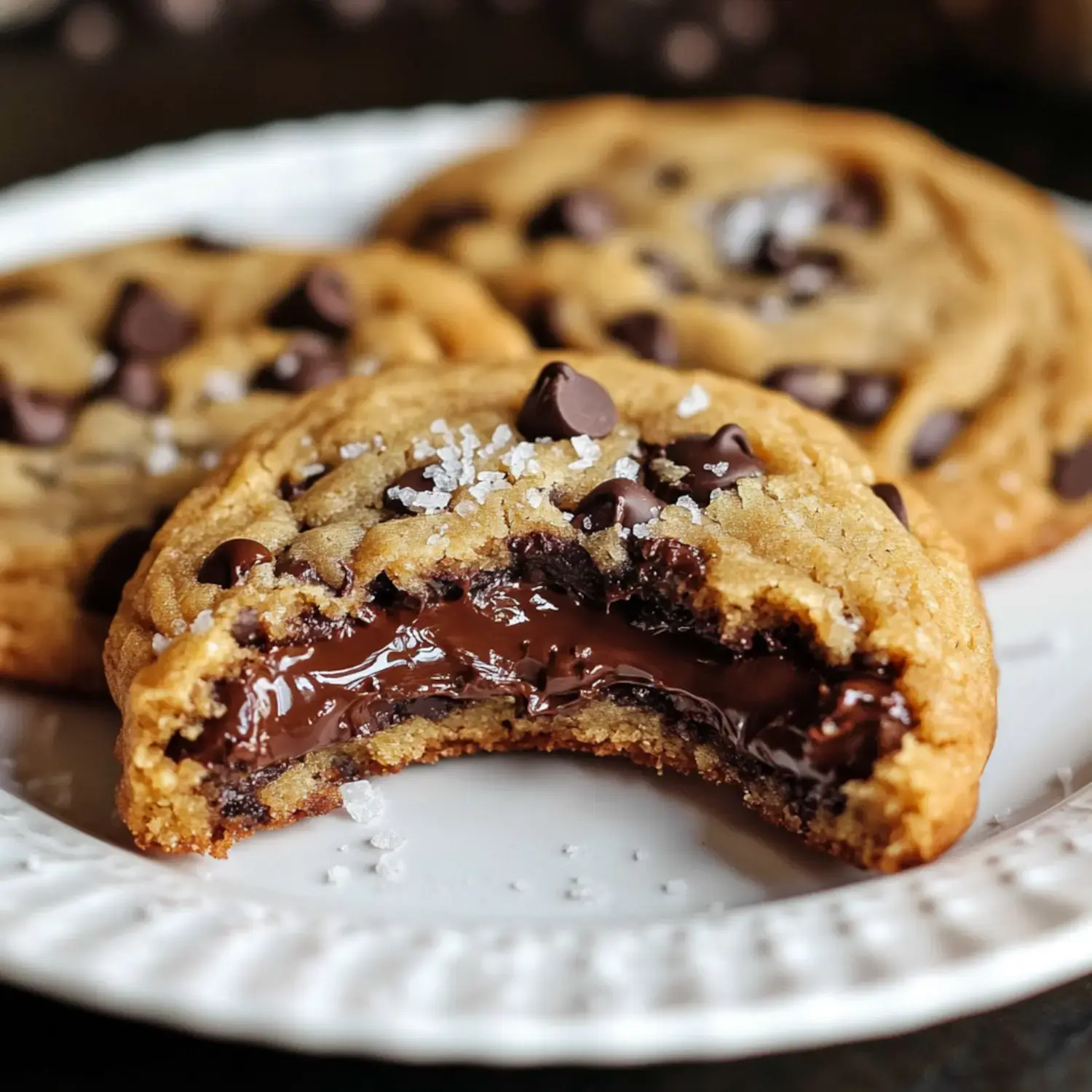 A close-up of a gooey chocolate chip cookie with a bite taken out, revealing melted chocolate inside and a sprinkling of sea salt on top.