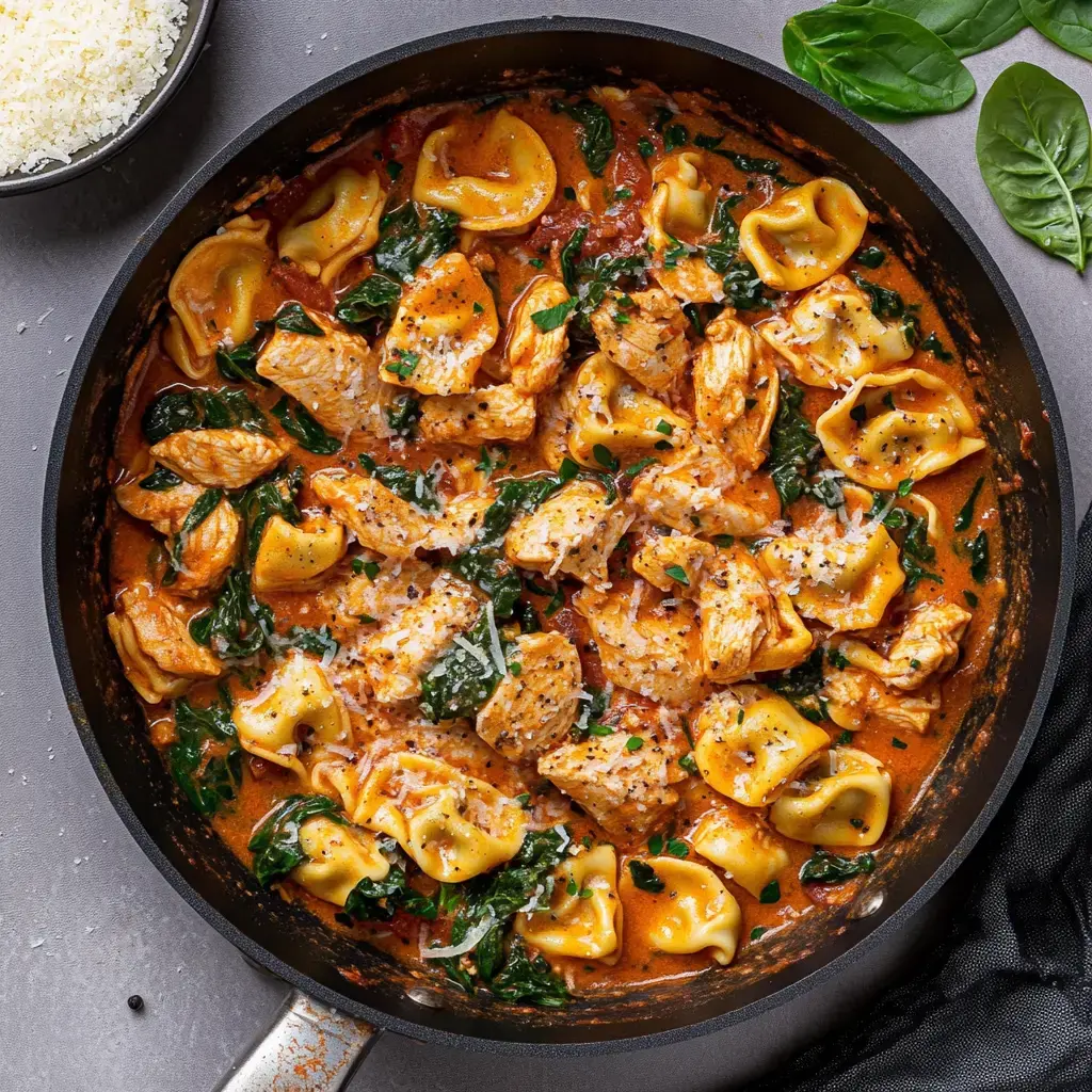 A skillet filled with creamy tortellini, sautéed chicken, spinach, and grated cheese.