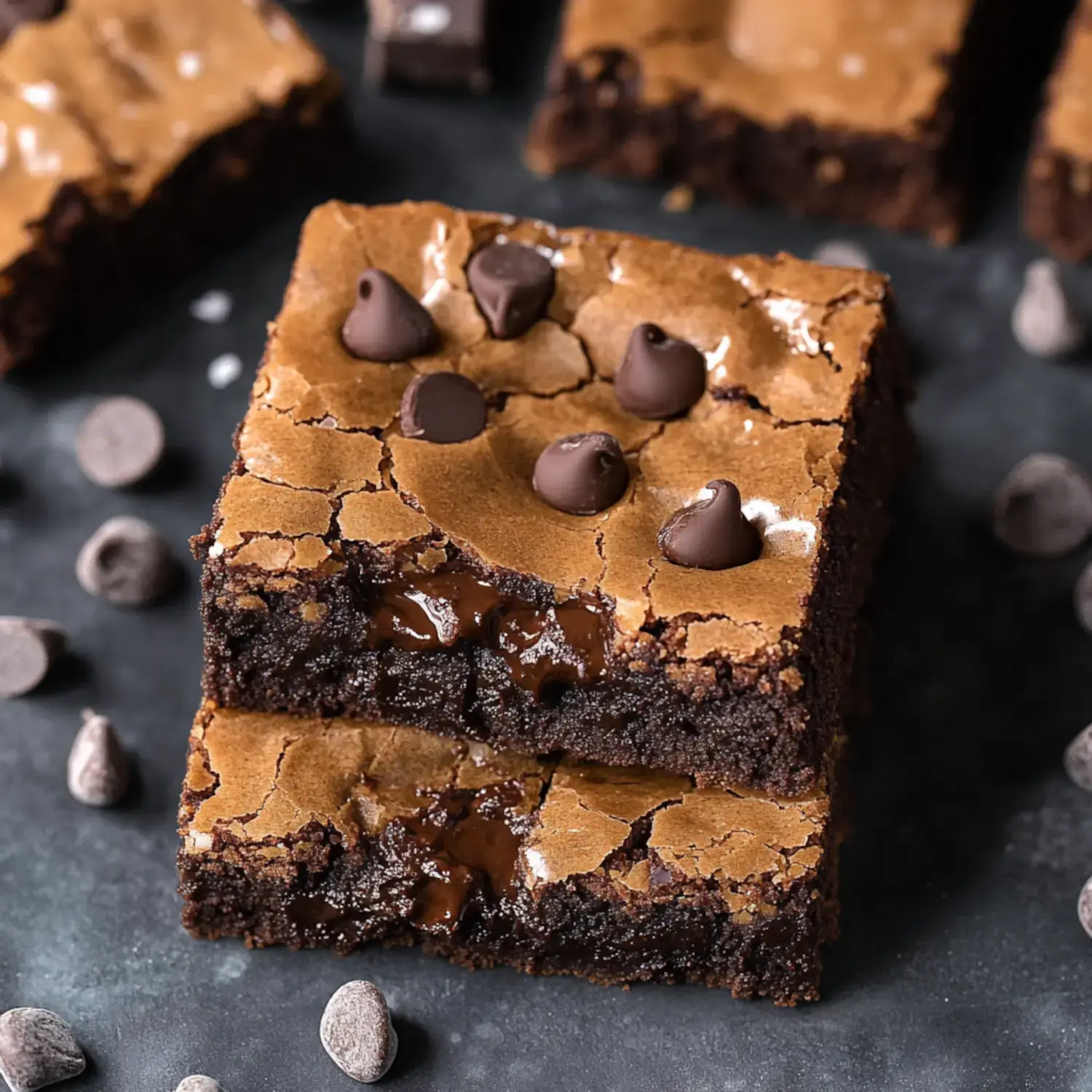 A close-up image of two stacked chocolate brownies topped with chocolate chips, surrounded by scattered chocolate chips on a dark surface.