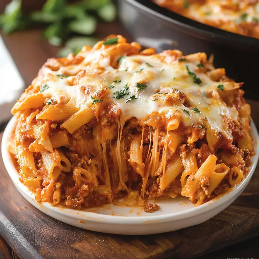 A baked pasta dish with rigatoni, meat sauce, and melted cheese is served on a white plate, garnished with fresh parsley.