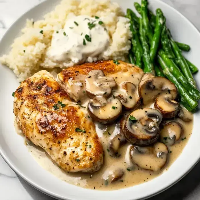 A plate of creamy mushroom chicken served with fluffy rice, sour cream, and steamed asparagus.