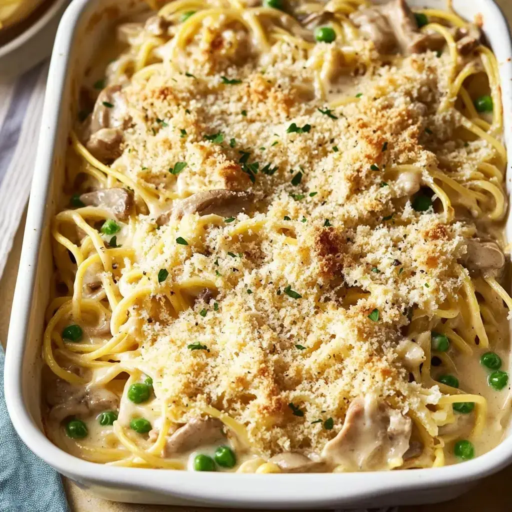 A creamy pasta dish topped with breadcrumbs and garnished with green peas.
