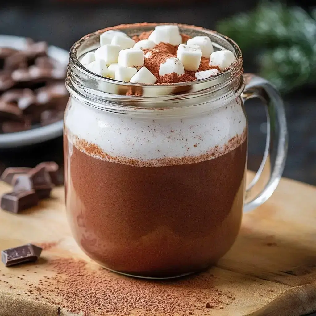 A glass jar filled with hot chocolate topped with whipped cream, cocoa powder, and mini marshmallows, surrounded by chocolate pieces on a wooden surface.