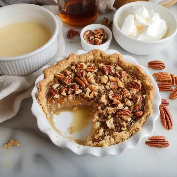 A pecan pie with a slice removed, surrounded by small bowls of cream, syrup, and chopped pecans on a marble surface.