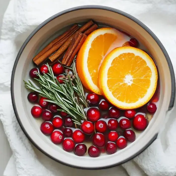 A bowl filled with cranberries, orange slices, cinnamon sticks, and rosemary leaves.