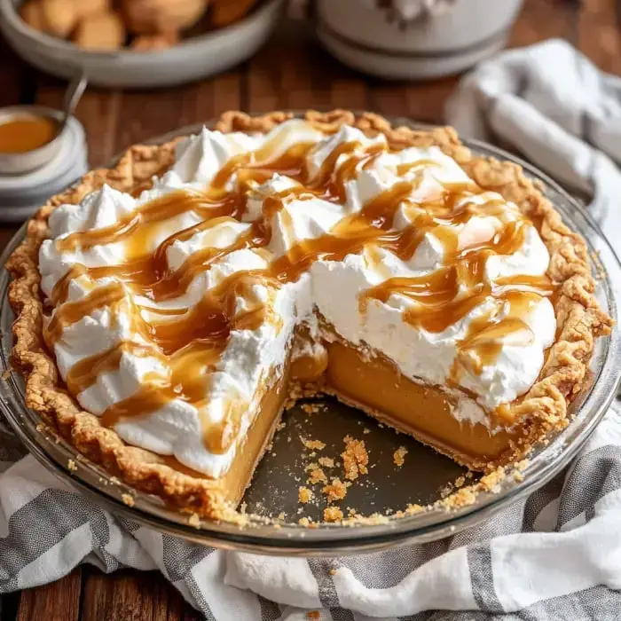 A freshly baked pie with a golden crust, topped with whipped cream and caramel drizzle, with a slice removed to reveal the creamy filling inside.