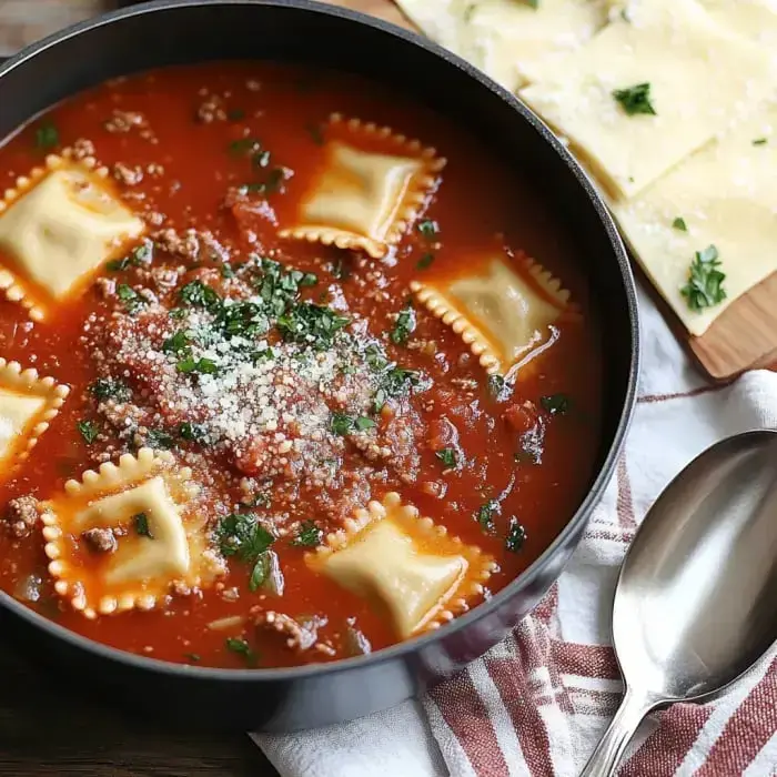 A bowl of ravioli in a savory tomato sauce, topped with ground meat and fresh herbs, accompanied by a plate of uncooked pasta.