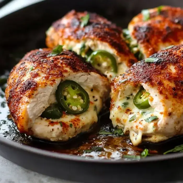 Three baked chicken breasts stuffed with jalapeños and cheese are arranged in a black skillet.