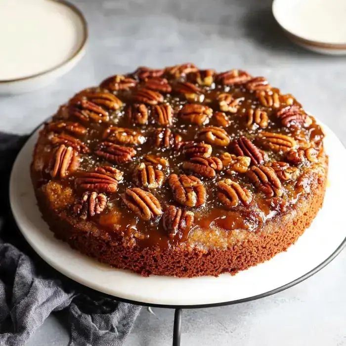 A round pecan upside-down cake with a glossy caramel glaze sits on a white cake stand, accompanied by a dark napkin and a plate.