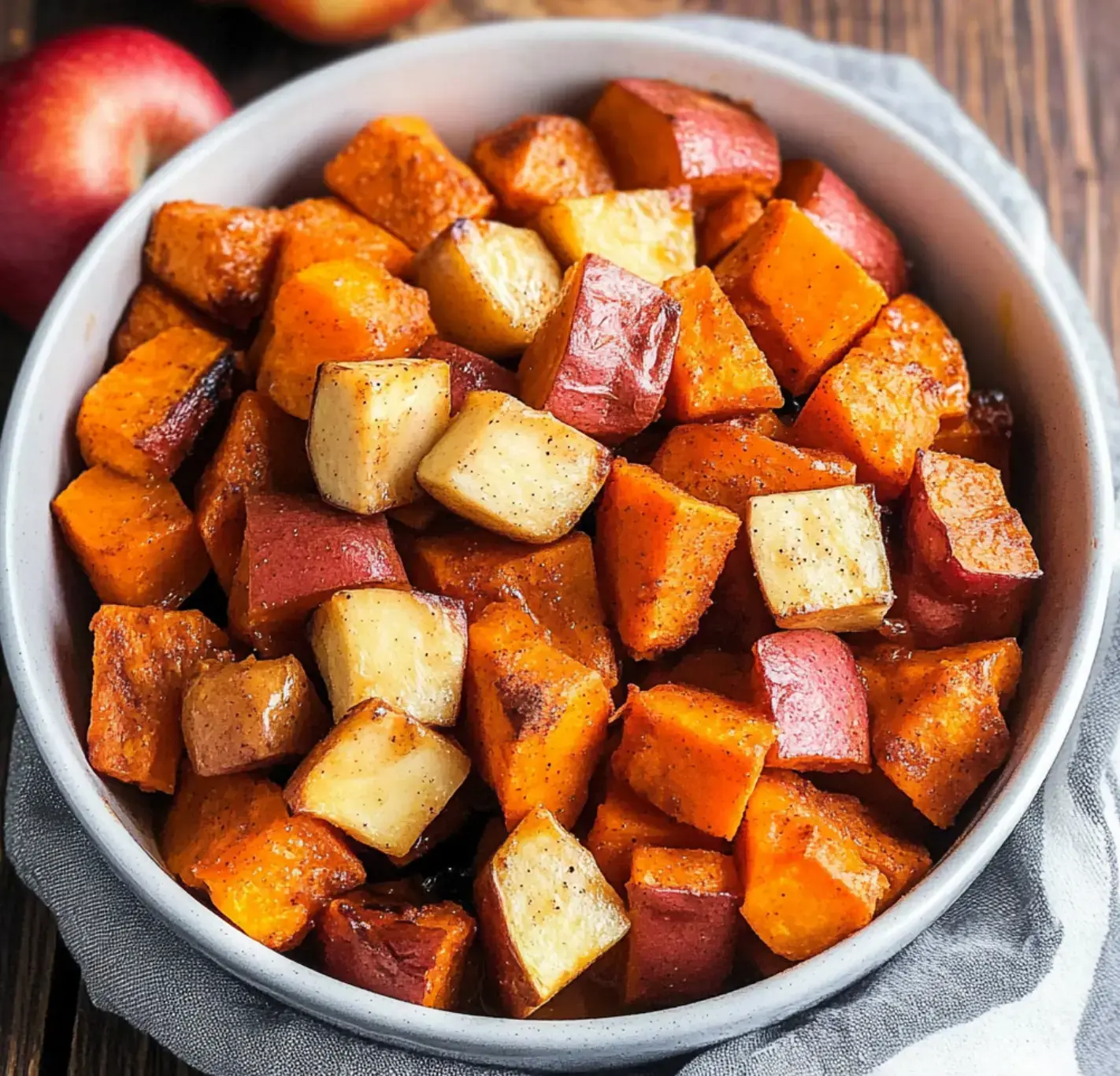 A bowl of roasted cubed sweet potatoes and apples, glistening with seasoning.