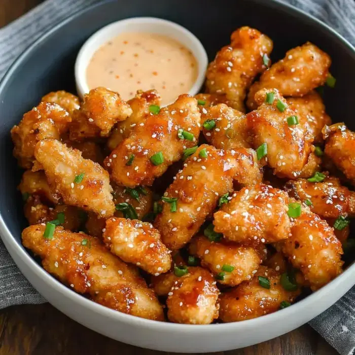 A bowl of crispy, golden chicken pieces garnished with green onions and sesame seeds, accompanied by a small dish of dipping sauce.