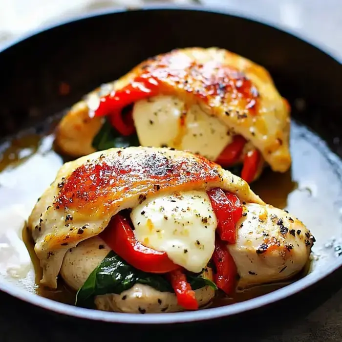 Two stuffed chicken breasts filled with spinach, roasted red peppers, and melted cheese, placed in a skillet.