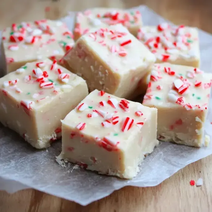 A close-up of squares of peppermint fudge topped with crushed red and green candies on a sheet of parchment paper.