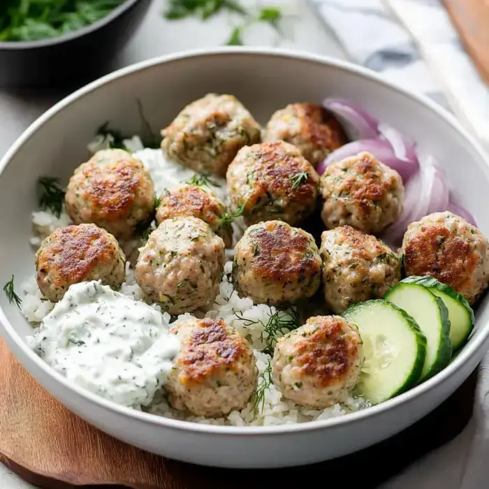 A bowl of rice topped with golden-brown meatballs, fresh dill, cucumber slices, red onion, and a dollop of creamy sauce.