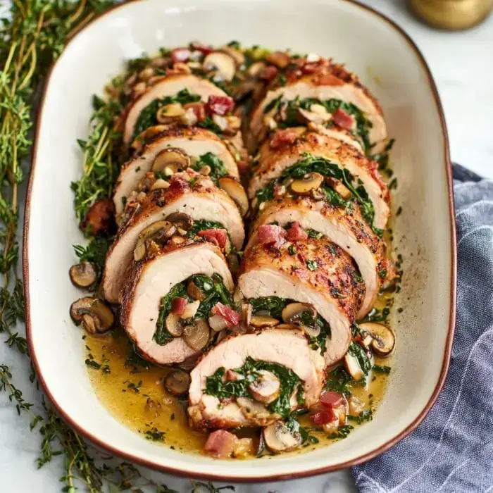 A beautifully arranged platter of sliced stuffed chicken breast, filled with spinach, mushrooms, and bacon, garnished with fresh herbs and drizzled in sauce.