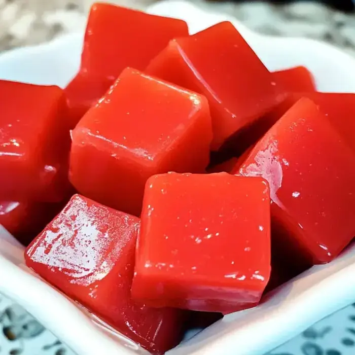 A close-up shot of shiny red gelatin cubes arranged in a small white bowl.