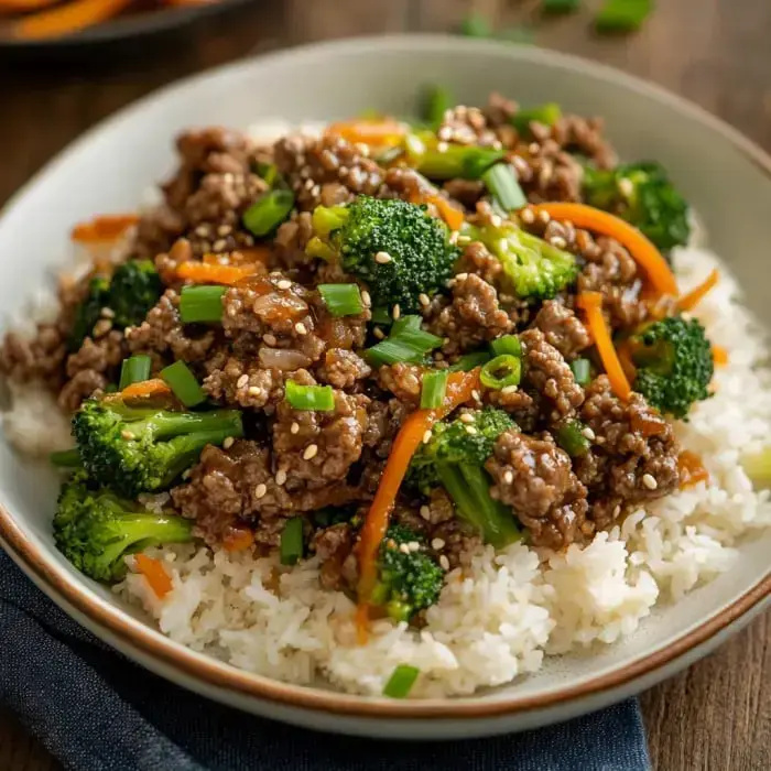 A plate of rice topped with beef stir-fry, broccoli, carrots, and green onions, garnished with sesame seeds.