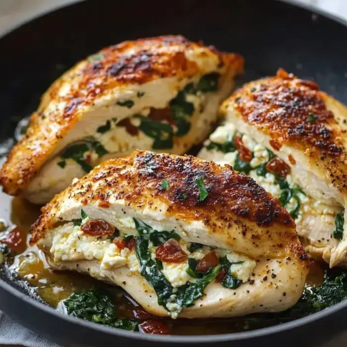 Three stuffed chicken breasts filled with spinach, cheese, and sun-dried tomatoes are shown in a skillet.