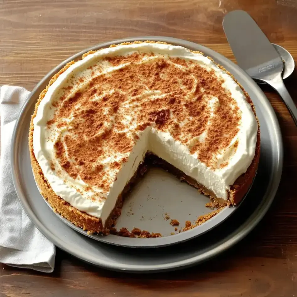 A partially sliced cheesecake topped with whipped cream and sprinkled with cinnamon, displayed on a gray plate.