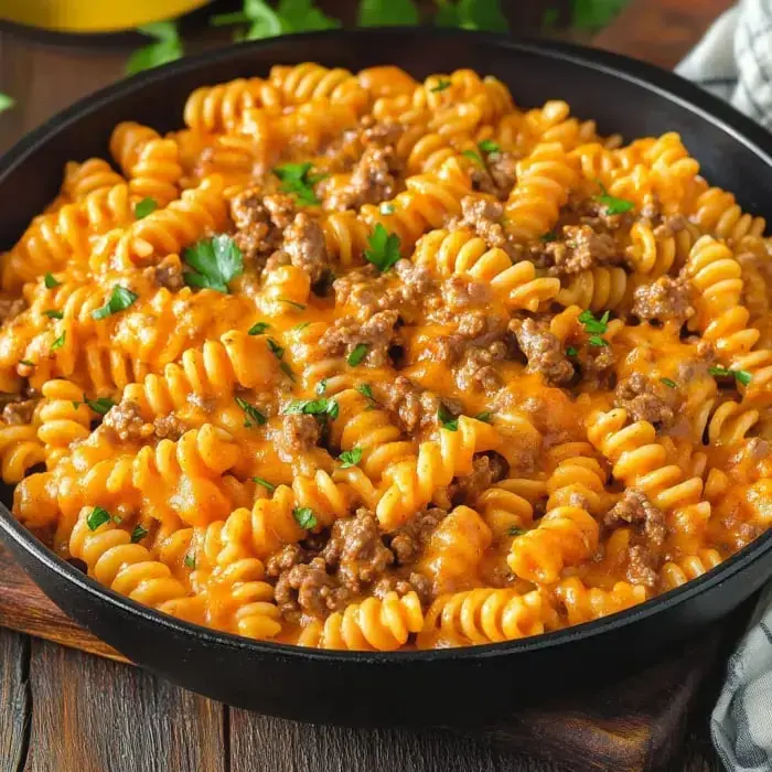 A close-up of a dish of rotini pasta mixed with ground beef and topped with melted cheese, garnished with fresh parsley.