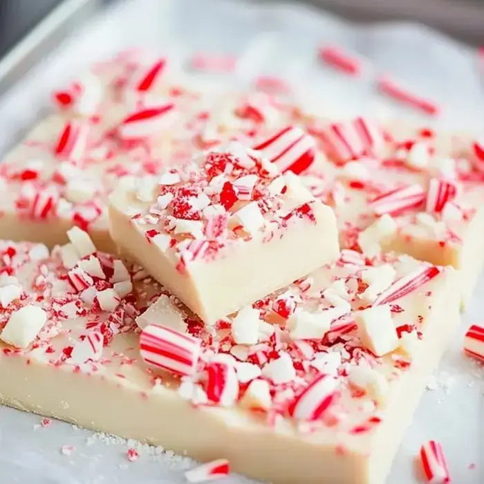 A square piece of peppermint fudge topped with crushed candy canes sits on a tray surrounded by more fudge.