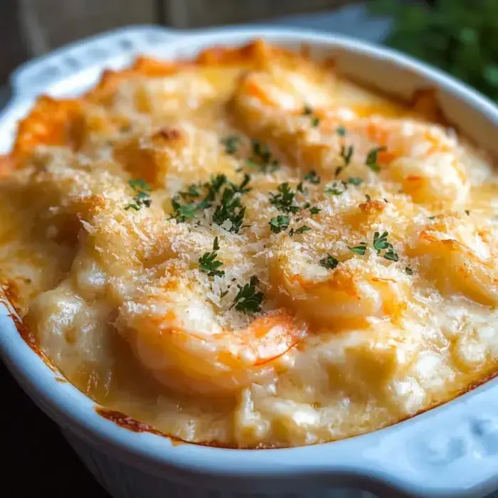 A creamy shrimp casserole topped with breadcrumbs and herbs, baked to a golden brown.