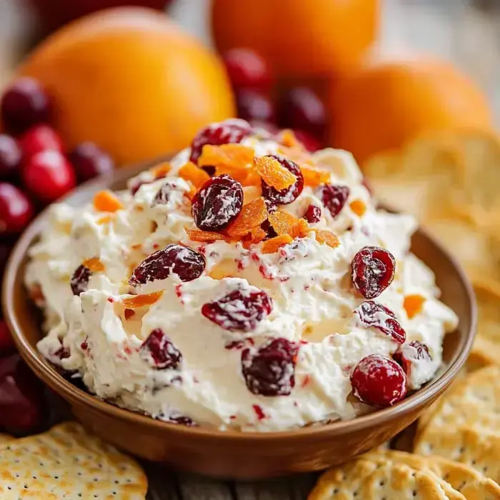 A bowl of creamy dip topped with dried cranberries and orange bits, surrounded by crackers and fresh oranges.