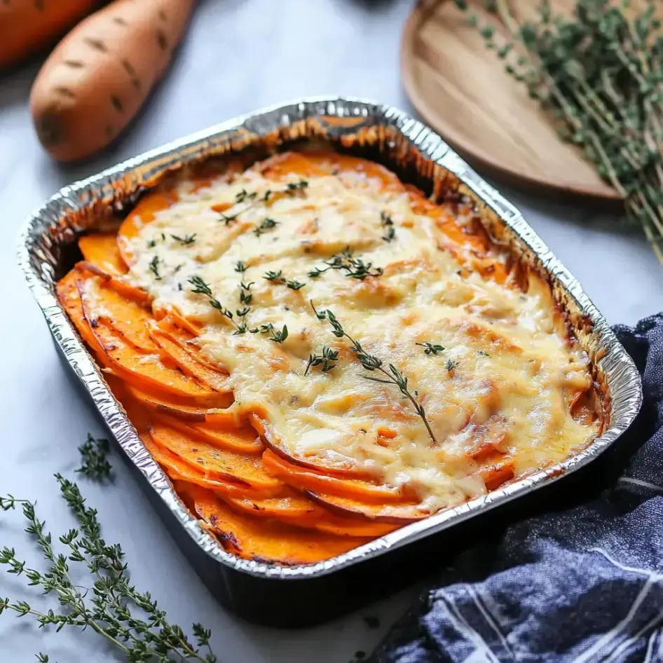 A baked dish of layered orange sweet potatoes topped with melted cheese and garnished with fresh thyme.