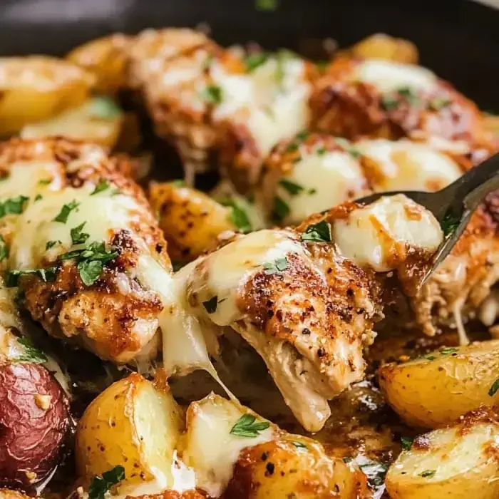 A close-up of cooked chicken pieces topped with melted cheese and surrounded by roasted potatoes, garnished with parsley.