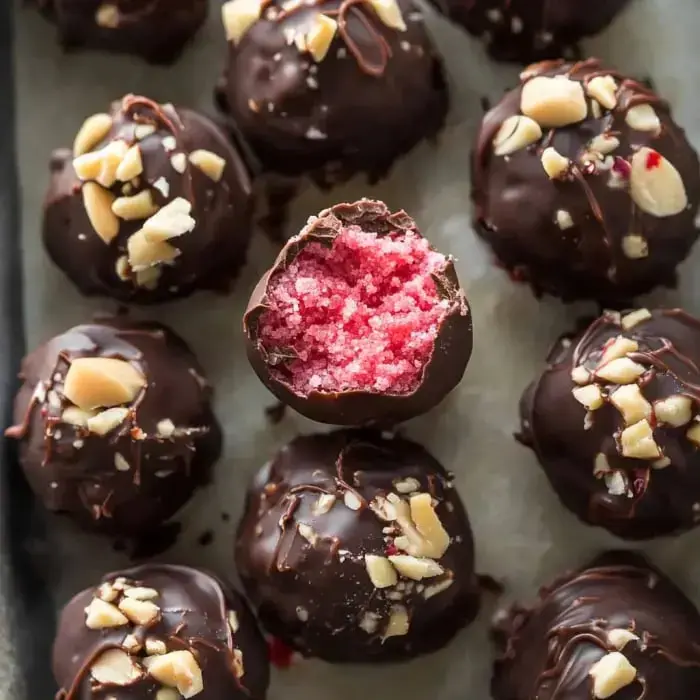 A close-up of chocolate-covered truffles, with one truffle partially bitten to reveal a pink filling, surrounded by more truffles topped with chopped nuts.