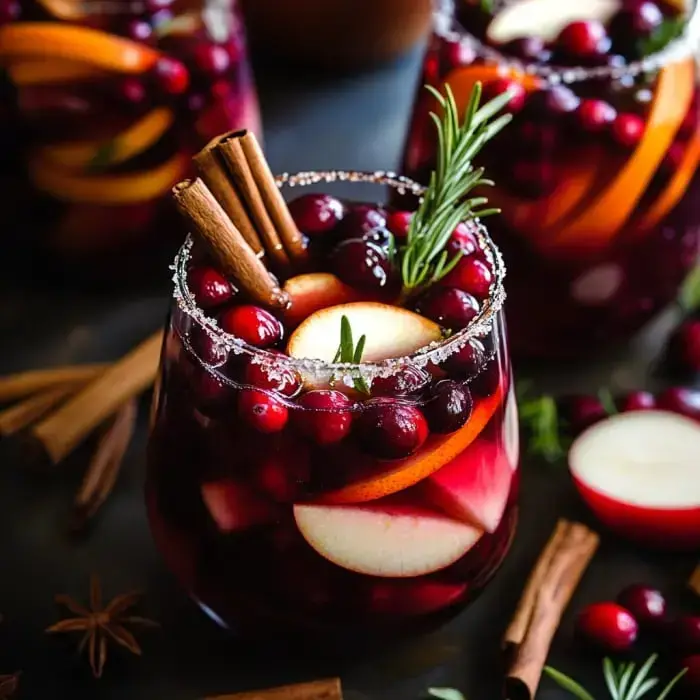 A close-up of a cocktail glass filled with cranberries, apple slices, and cinnamon sticks, garnished with a sprig of rosemary and sugar on the rim.