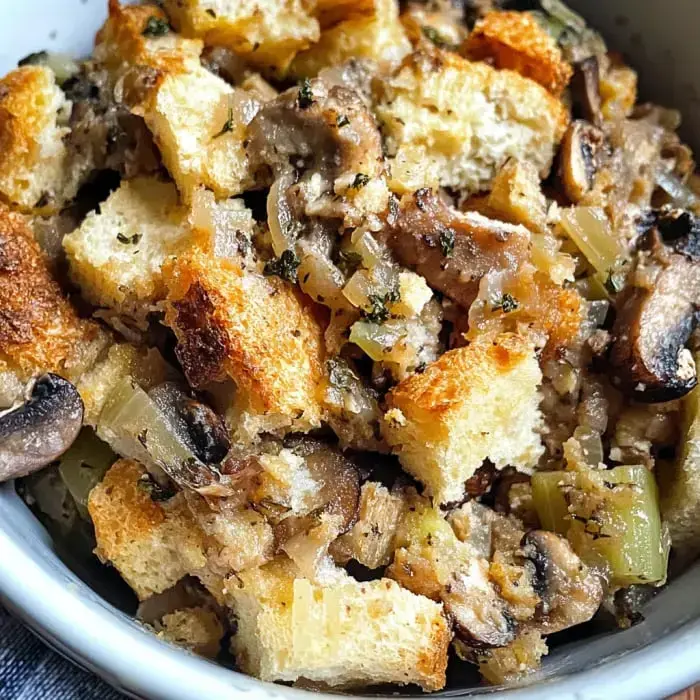 A close-up shot of a bowl filled with savory stuffing made from bread, mushrooms, celery, and herbs.